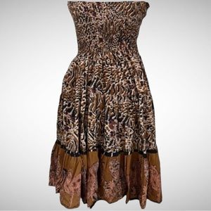LANZ Vintage Strapless Smocked Animal Print Mid Length Dress‎ | Large